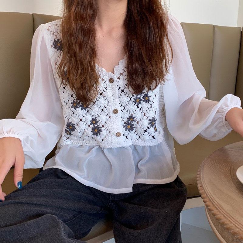 Áo Kiểu Chất Chiffon Tay Dài Thiết Kế Thanh Lịch Phong Cách Hàn Quốc