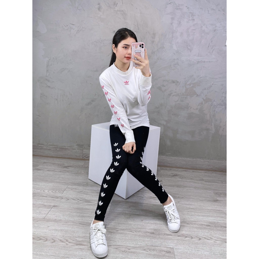 (HÀNG XUẤT XỊN) Áo das trắng tay dài 1733 REPEAT TREFOIL LS TEE WHITE/PINK Made in Cambodia full tag code  SIZE S M L