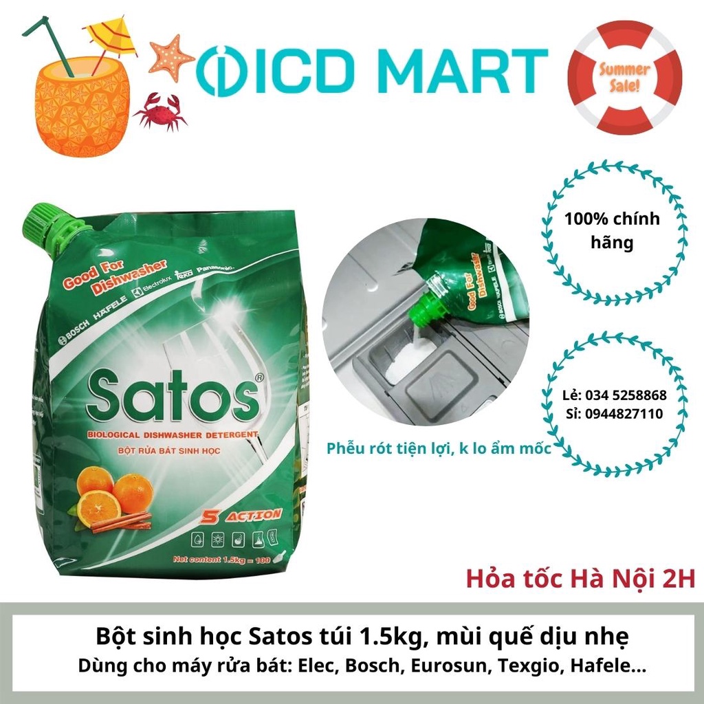 [HÀNG VIỆT NAM] BỘT RỬA BÁT SINH HỌC SATOS - 1.5kg, Sạch cho bát, tốt cho sức khỏe. DÀNH CHO CÁC LOẠI MÁY RỬA BÁT