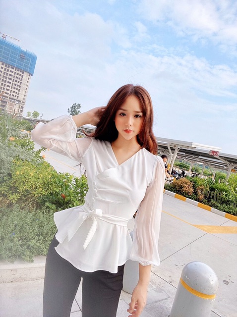 Áo peplum cúc bọc thiết kế ( kèm ảnh trải sàn tự chụp)