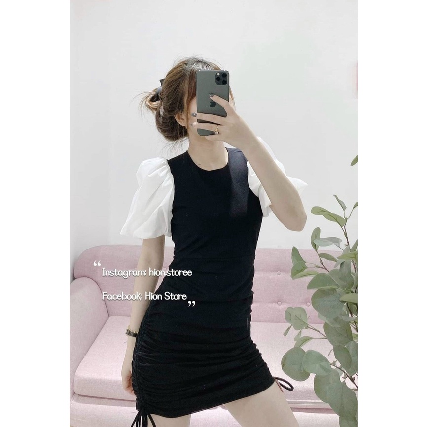 Đầm Nữ Body Cổ Tròn Tay Phồng Phối Voan Cực Xinh Họa Tiết Rút Dây Bên Sườn Dễ Thương