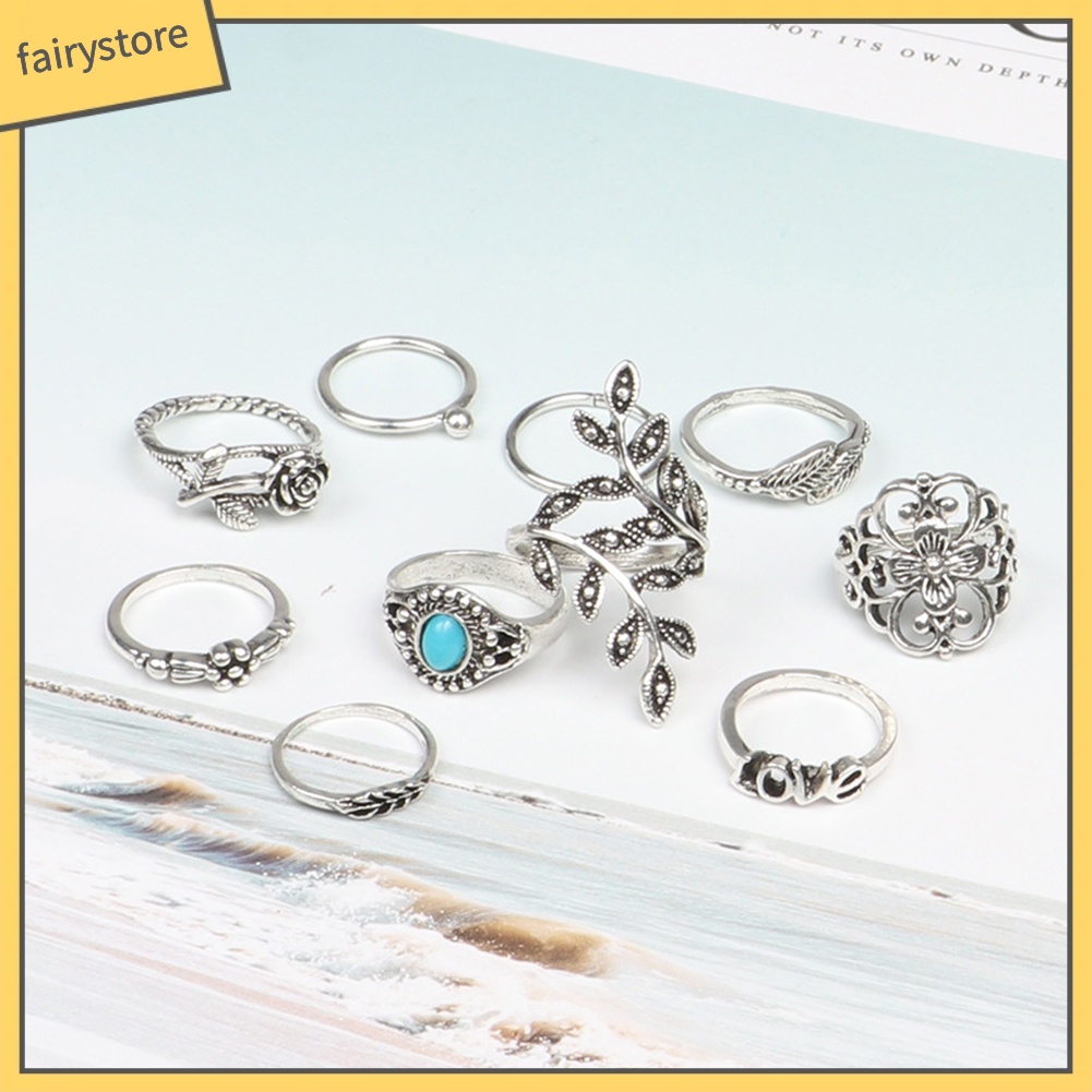 Bộ 10 Nhẫn Đeo Tay Phong Cách Retro Xinh Xắn