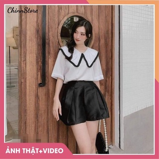Set bộ áo cộc tay cổ bèo kèm quần đùi xếp ly