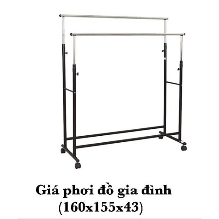 Giàn phơi đồ quần áo inox kép thông minh có bánh xe di động