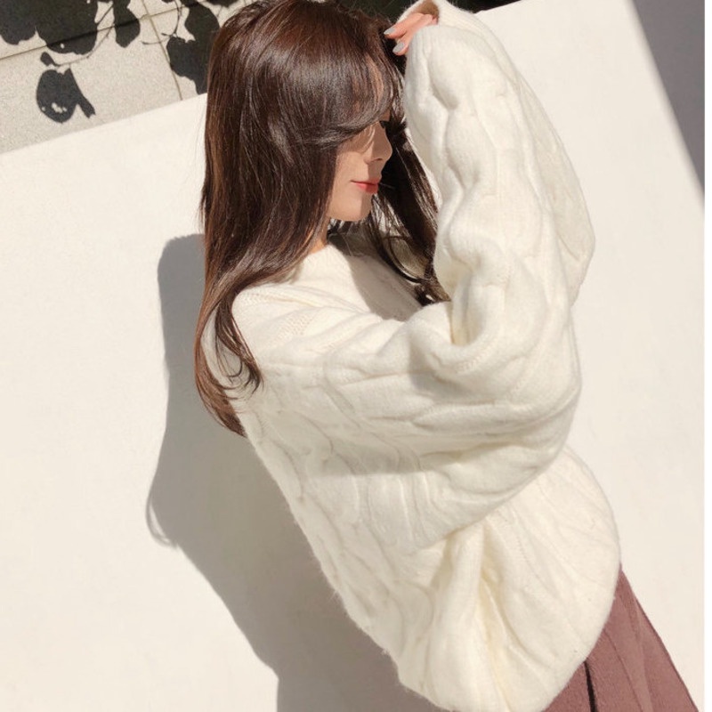 Áo len RENJIANVSHENG tay dài dáng rộng theo phong cách retro hợp thời trang