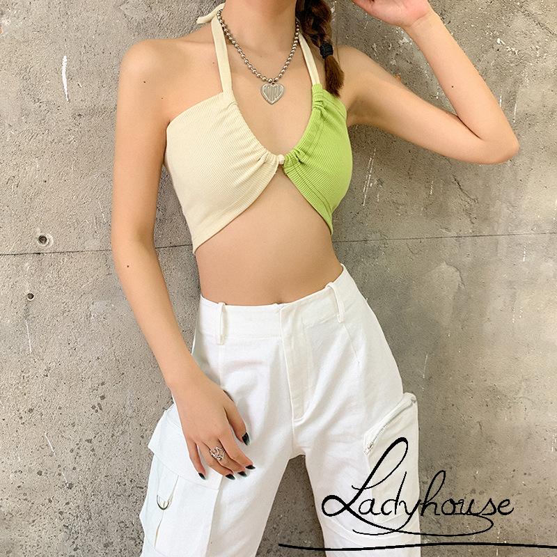 Áo Croptop Hai Dây Cổ Chữ V Không Tay Màu Sắc Trẻ Trung Dành Cho Nữ