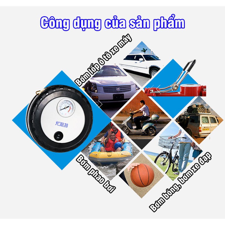 Bơm Lốp Ô Tô, Bơm Xe Máy Công Suất 100W Mạnh Mẽ Nhỏ Gọn Điện Áp 12V Bơm Xe Hơi Cao Cấp