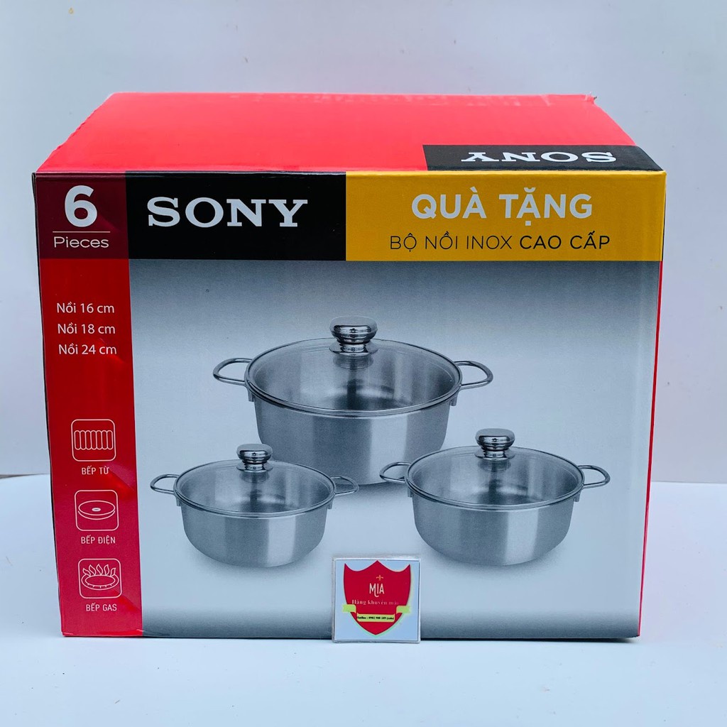 Bộ 3 nồi inox SONY cao cấp nấu được tất cả các bếp nắp Inox size 16-18-24cm