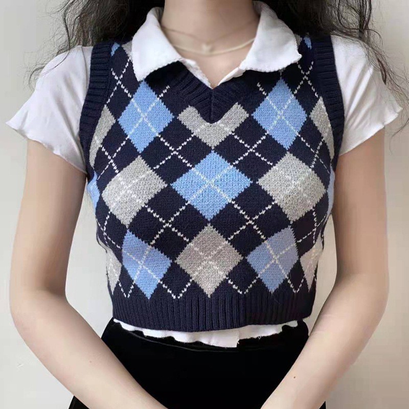 Women's Retro V-neck Color Contrast Casual Knitted Vest Tank Tops