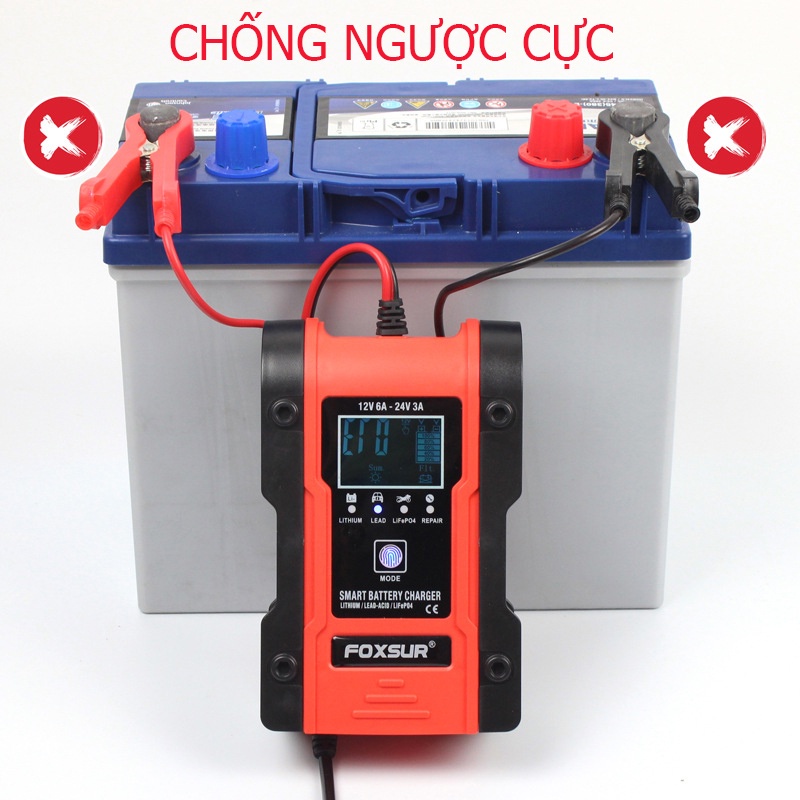 [SẠC PIN LITHIUM] Sạc bình ắc quy 12V 24V 150AH FOXSUR sạc  pin Lithium LiFePo4 khử sunfat thông minh tự ngắt khi đầy