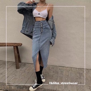 Chân váy jean dáng dài xẻ tà ulzzang Hot Trend 2021