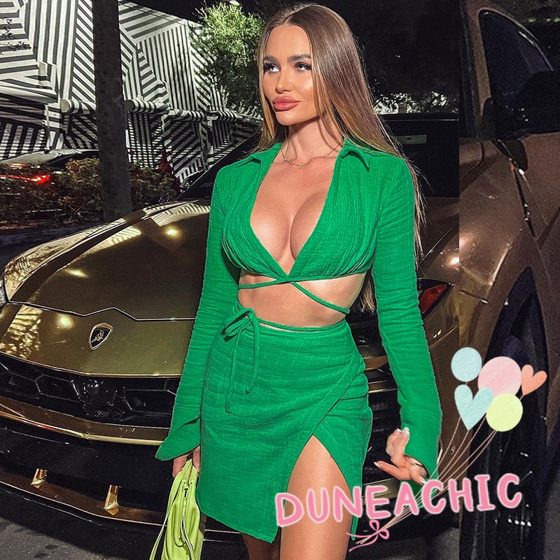 DUNEA Set Áo Thun Lửng Tay Dài 2 Dây + Chân Váy Xẻ Tà Quyến Rũ Trẻ Trung Cho Bạn Gái