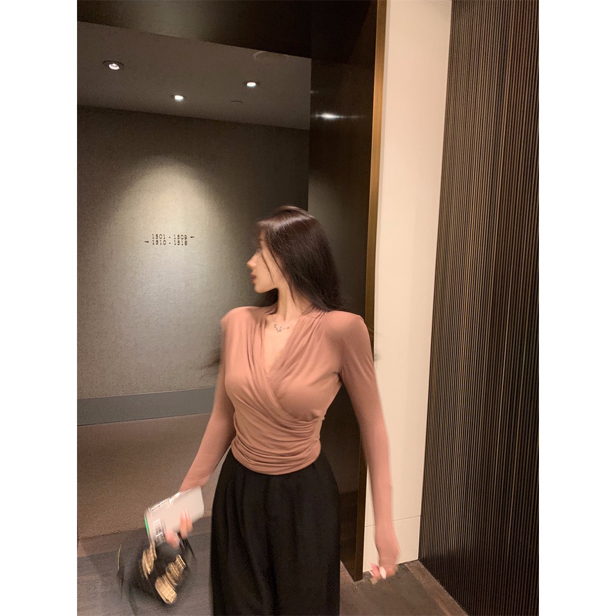 Cocory vn Áo Croptop Tay Dài Cổ Chữ V Dáng Ôm Thời Trang Quyến Rũ Cho Nữ