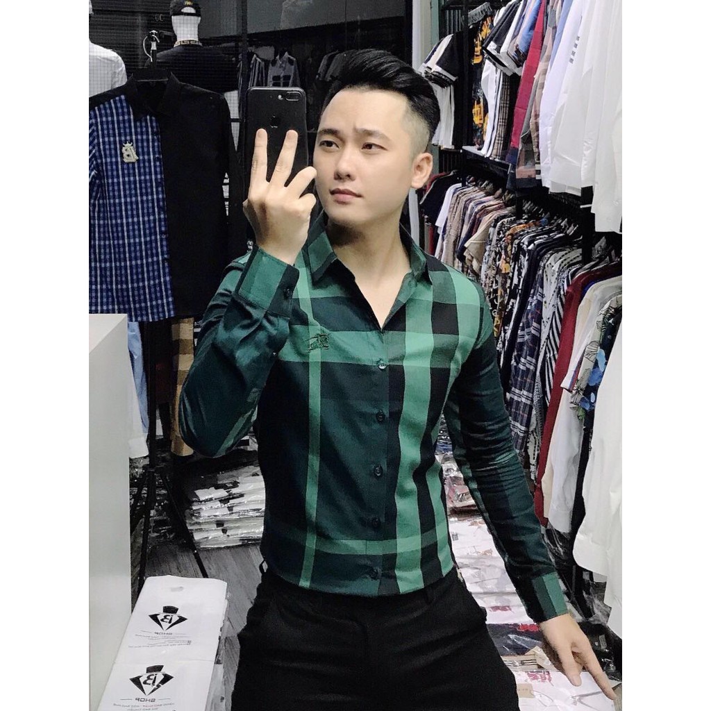 Áo Sơ Mi Nam Caro Lệch Thêu Logo Ngực Dài Tay Vải Lụa Cao Cấp, Áo Sơ Mi Dáng Ôm Form Body, T-man