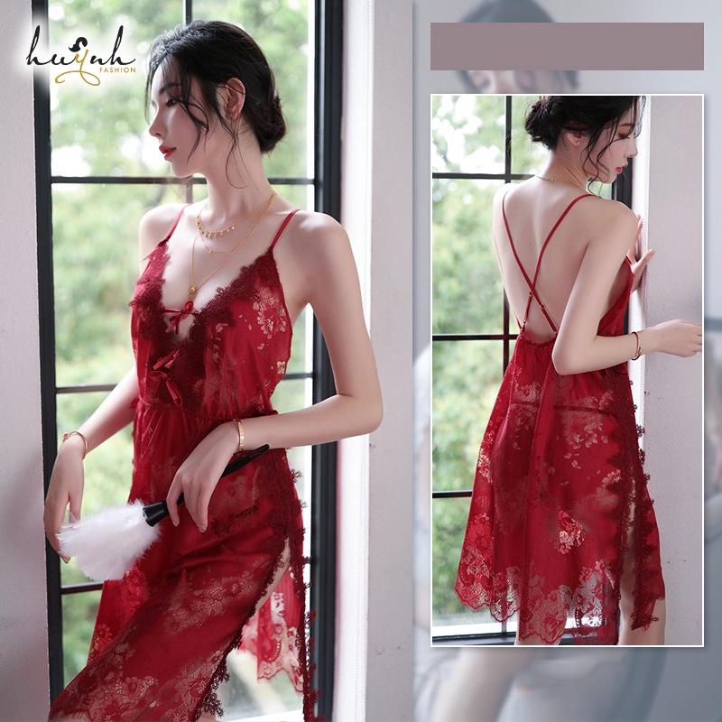 Đầm Ngủ Ren Xuyên Thấu Hai Dây Đan Chéo Hở Lưng Gợi Cảm - N71