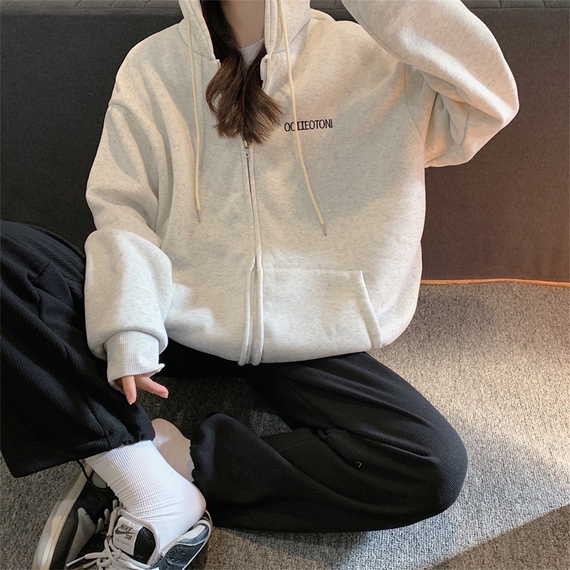 Áo hoodie dài tay dáng rộng thêu chữ phong cách Hàn Quốc
