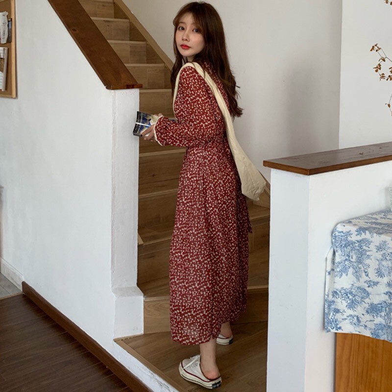 Váy trắng đỏ hoa nhí babydoll cổ vuông ren ulzzang dài tay vintage , Đầm nữ hoa trắng thiết kế dáng dài | BigBuy360 - bigbuy360.vn