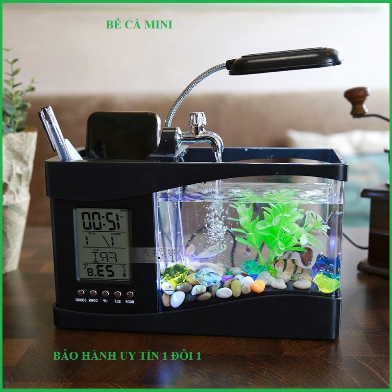 Bán Sỉ - Bể cá mini để bàn làm việc góc học tập có đèn led và đồng hồ USB