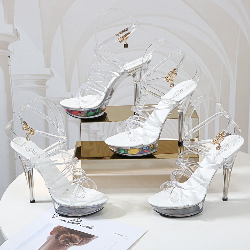 Dép cao gót trong suốt 12cm đan dây HI333 size từ 34 đến 43