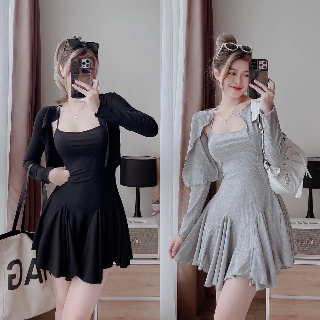 SET ĐẦM 2 DÂY 8 MẢNH KÈM KHOÁC CROPTOP