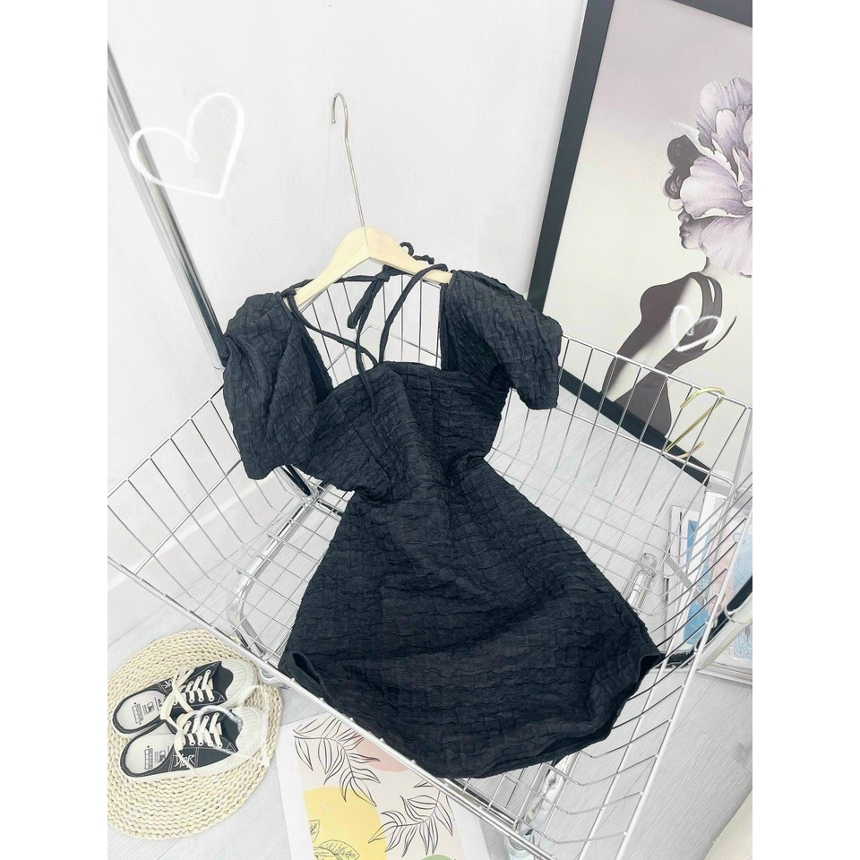 Đầm xốp cổ vuông tay bồng 2 dây chéo cổ dáng xòe cực hot , chất thun xốp dày dặn mềm ly