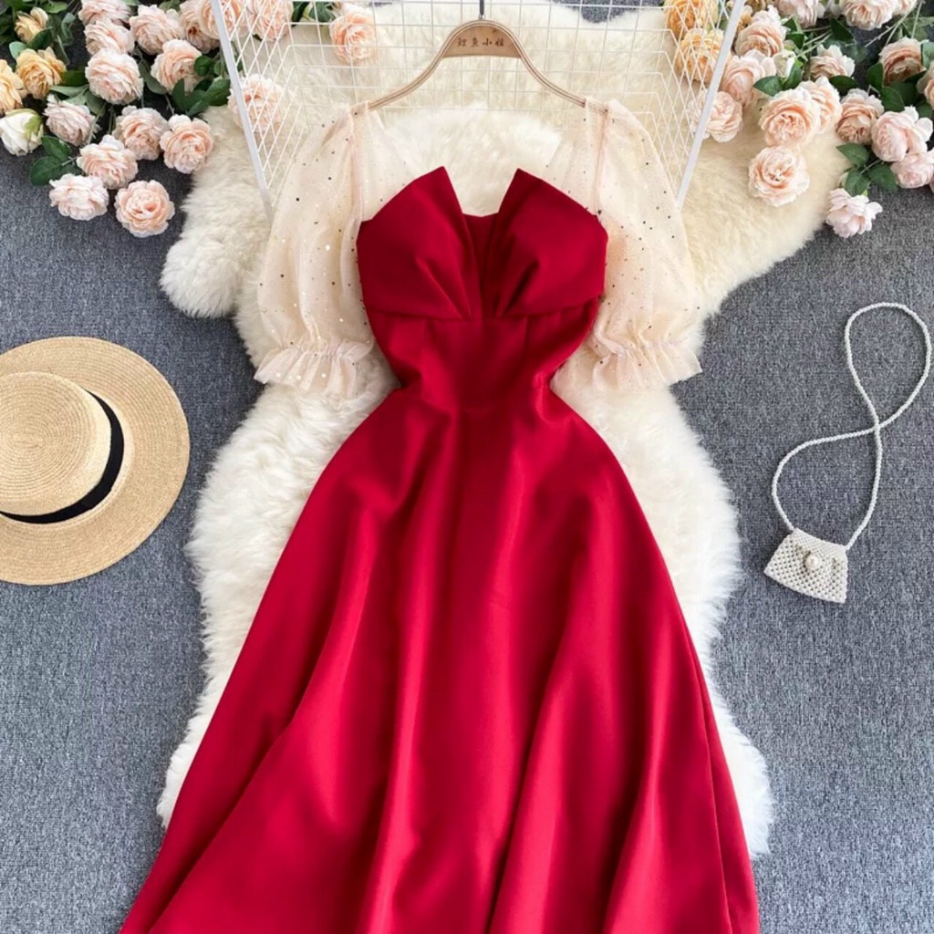 Gunkaymatter Đầm Nữ Dạ Hội Phong Cách Tiểu Thư Xếp Ly Ngực Tay Phối Lưới Có Mút Ngực Phù Hợp Mọi Phòng Cách