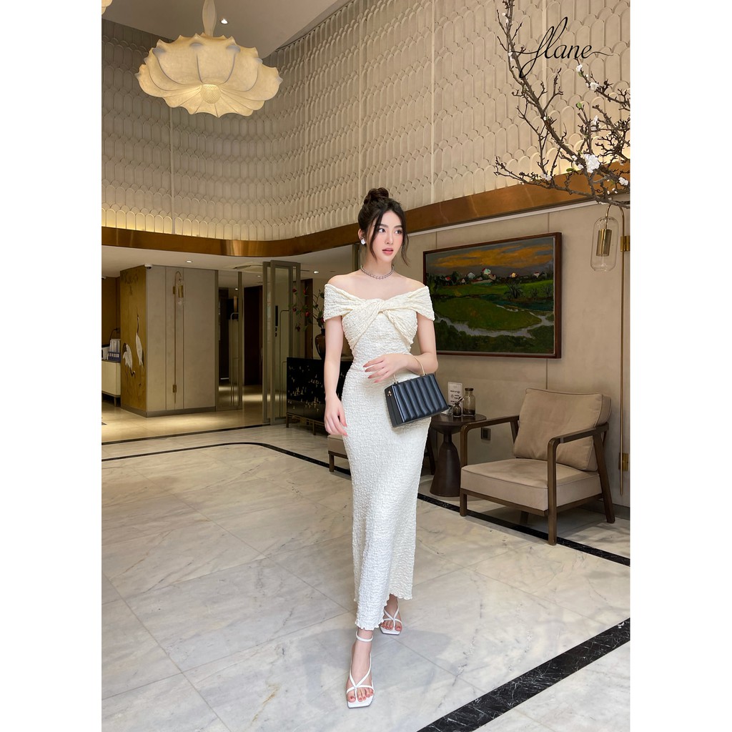 xốp trễ vai - Váy thiết kế dáng dài màu kem Flane