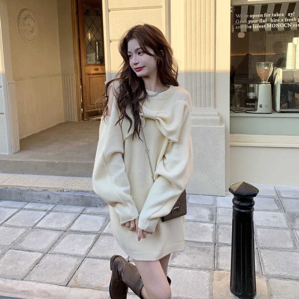 Áo Sweater Dệt Kim Hở Vai Dáng Dài Vừa Vặn Thời Trang Thu Đông Phong Cách Giáng Sinh Niche