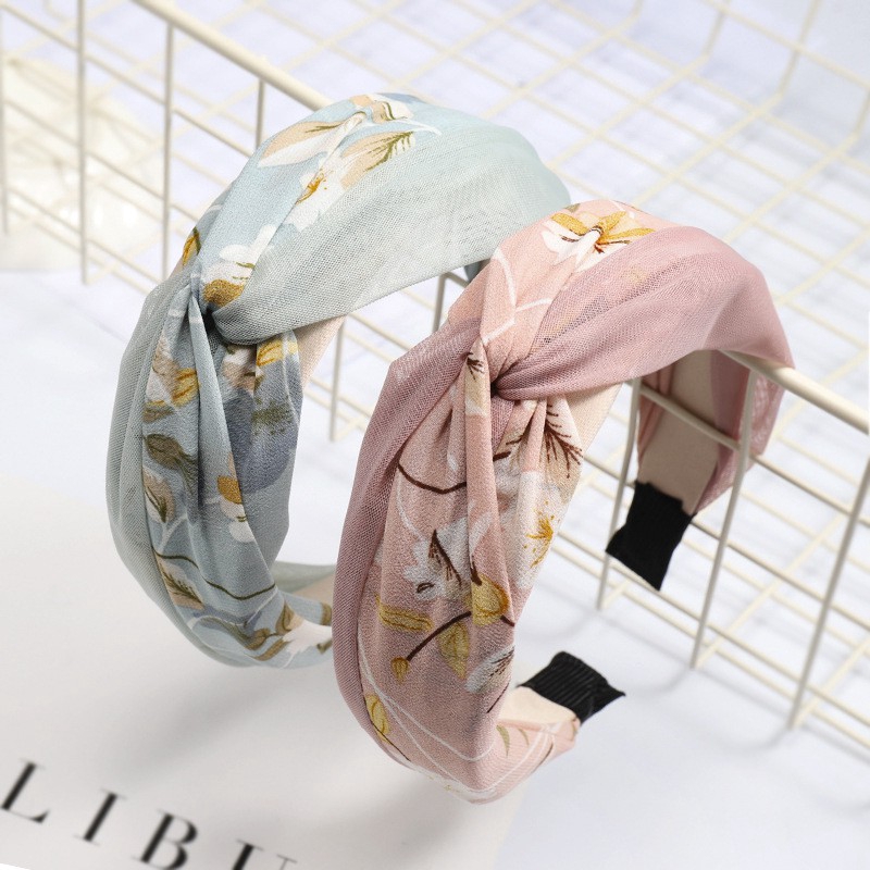 Băng đô cài tóc có thắt nút bằng vải in hình phong cách Hàn Quốc dành cho nữ