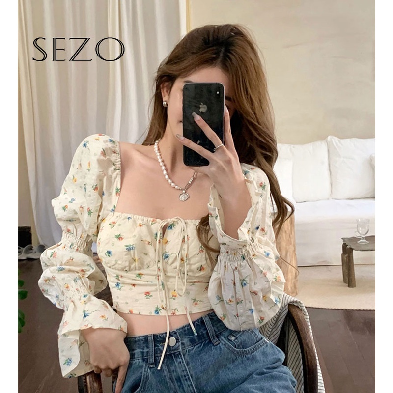 QKOOLE Áo kiểu cổ vuông họa tiết hoa phong cách Hàn Quốc xinh xắn dành cho nữ