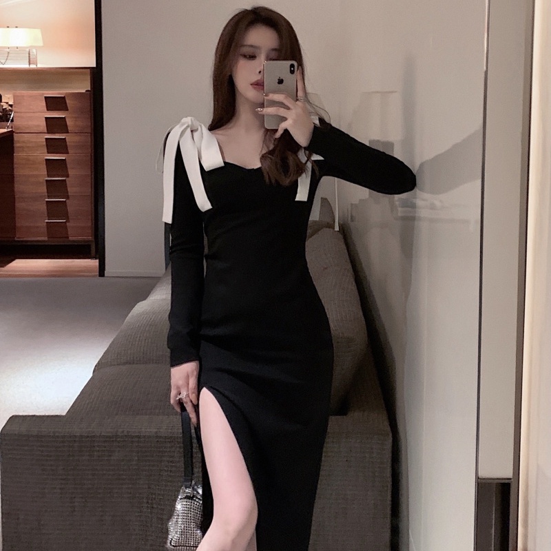 Đầm COZOK tay dài dáng ôm xẻ tà kiểu cổ điển thời trang