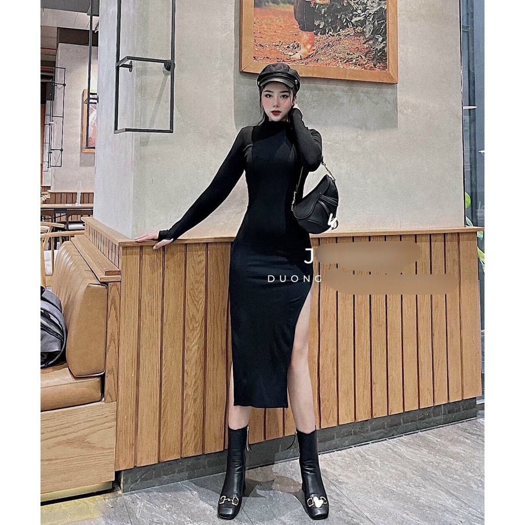 Váy đầm ôm dài tay, sexy, cổ tròn có xỉa tà hai bên, dáng váy dài dễ thương, sang chảnh, dễ mặc, năng động | BigBuy360 - bigbuy360.vn