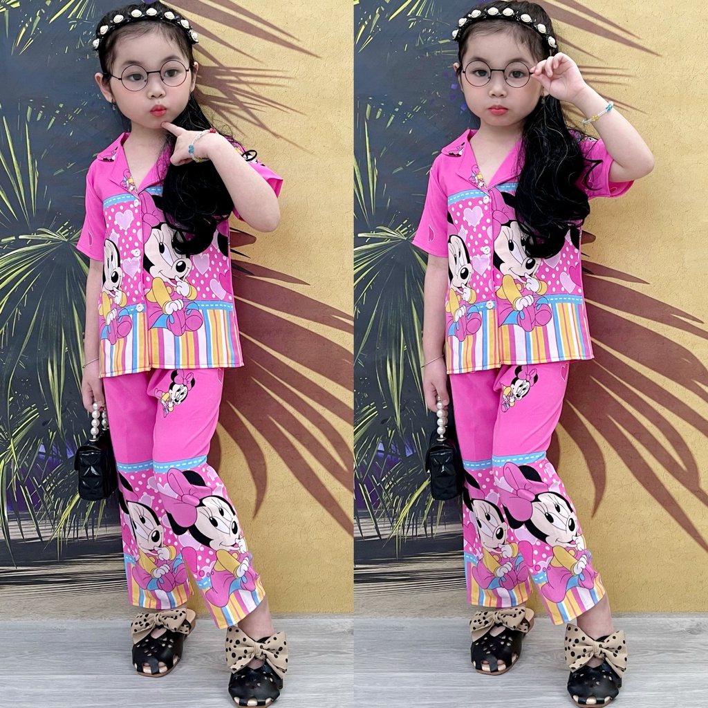 T240 Bộ pijama bé gái tay ngắn quần dài mặc nhà hoạt hình thú dễ thương 11 22kg