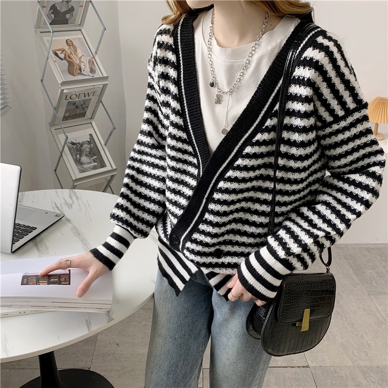 SUXI Áo Khoác Cardigan Dệt Kim Dáng Rộng Hoạ Tiết Kẻ Sọc Phong Cách Retro Hàn Quốc