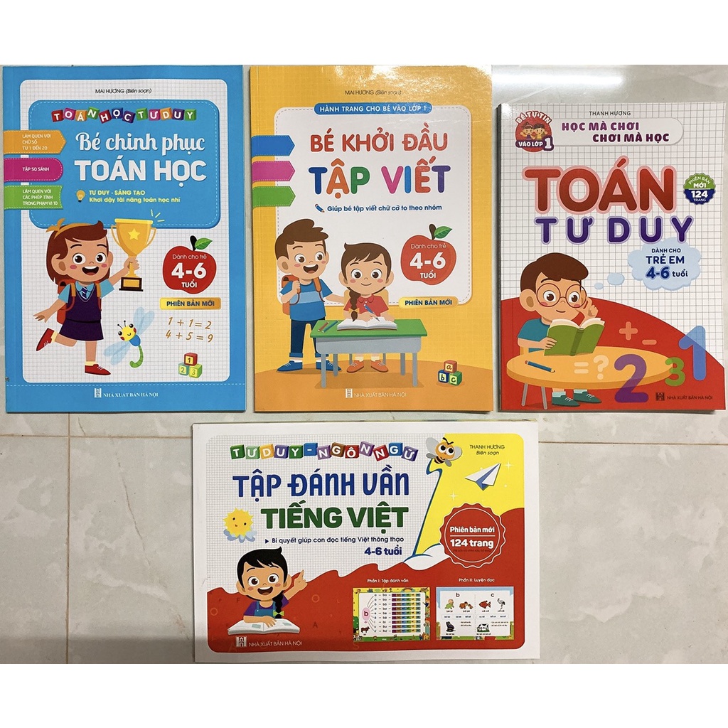 Sách - Combo Bé chinh phục toán học, Toán tư duy, Bé khởi đầu tập viết và Tập đánh vần tiếng việt (4 quyển)