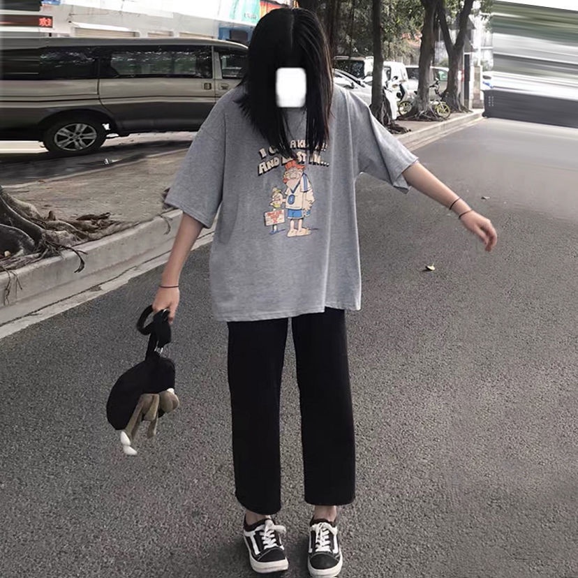 Set áo thun ngắn tay form rộng và quần ống rộng thời trang thích hợp cho nữ