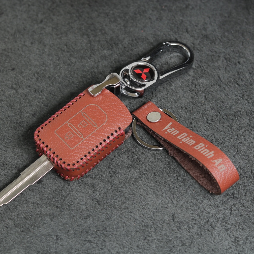 Bao da móc khoá bọc ốp chìa khóa xe ô tô Mitsubishi Xpander, Triton chìa cơ, da bò, nhiều màu, khâu thủ công Mitsu7