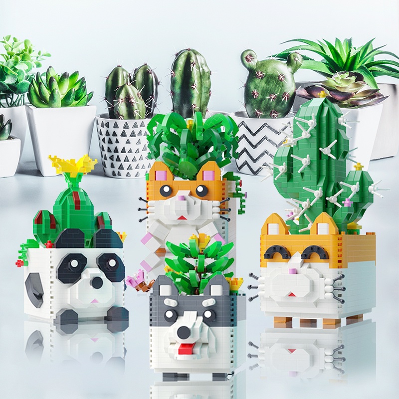 Đồ Chơi Lego Lắp Ráp Hình Cây Hoa / Gấu Trúc / Chó Husky / Mèo / Xương Rồng Dễ Thương