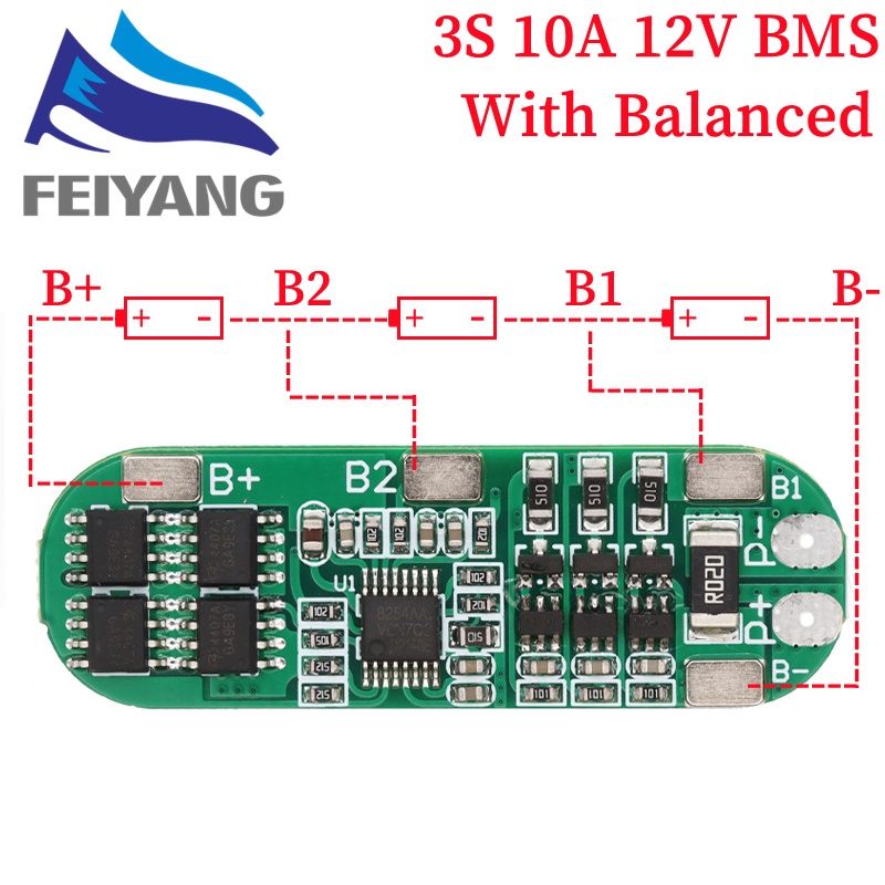 Bảng Mạch Sạc Pin Lithium 3S 10A 12V Dành Cho Pin Li-ion 18650 BMS 11.1V 12.6V