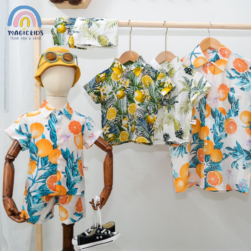 Áo sơ mi đi biển cho nam nữ MAGICKIDS đồng phục đi biển gia đình chất tơ đũi thoáng mát họa tiết hoa lá AO22034