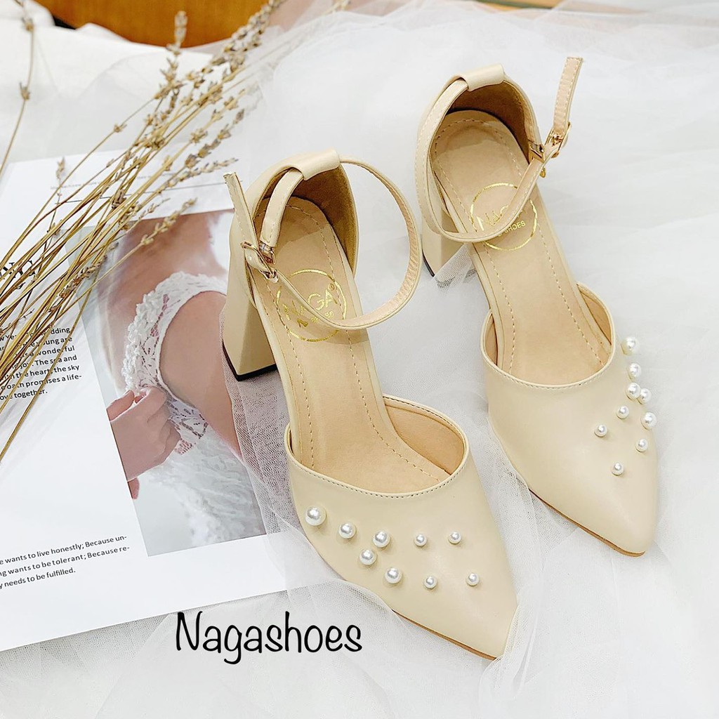 [Mã SKAMFSW175 giảm 10K đơn 50K] GIÀY CAO GÓT NAGASHOES MŨI NHỌN ĐÍNH NGỌC TRAI NHÂN TẠO 7CM NAC130