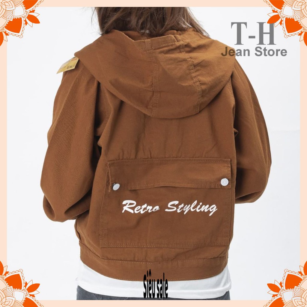 Áo khoác kaki nữ có mũ phối chữ Restro Styling, áo khoác nữ nhiều màu thời trang năng động AKG1 tien1.shop | BigBuy360 - bigbuy360.vn