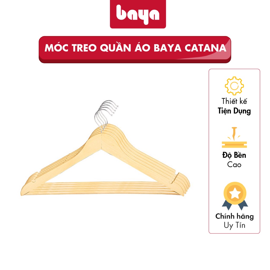 10 móc gỗ treo quần áo BAYA CATANA loại tốt dùng cho cửa hàng khách sạn chất liệu gỗ cao su