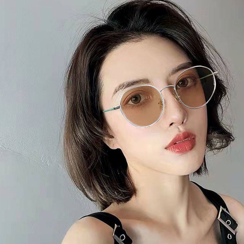 kính đổi màu +mắt kính cận 0.5~6.0 ,Kính mắt  gọng tròn tròng đổi Màu chống ánh sáng xanh cho nam và nữ,kính nữ thời trang, Kính máy tính，gọng kính tròn kim loại cận nữ