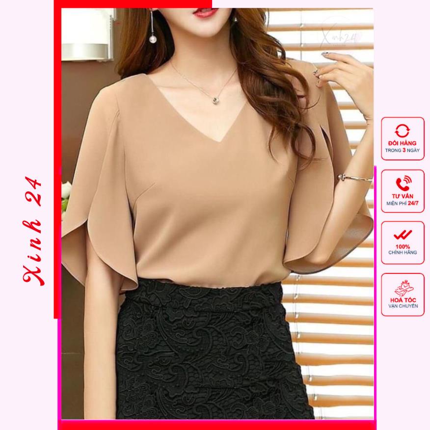 Áo kiểu nữ, áo sơ mi nữ cổ tim, thiết kế tay xẻ tà cách điệu | BigBuy360 - bigbuy360.vn