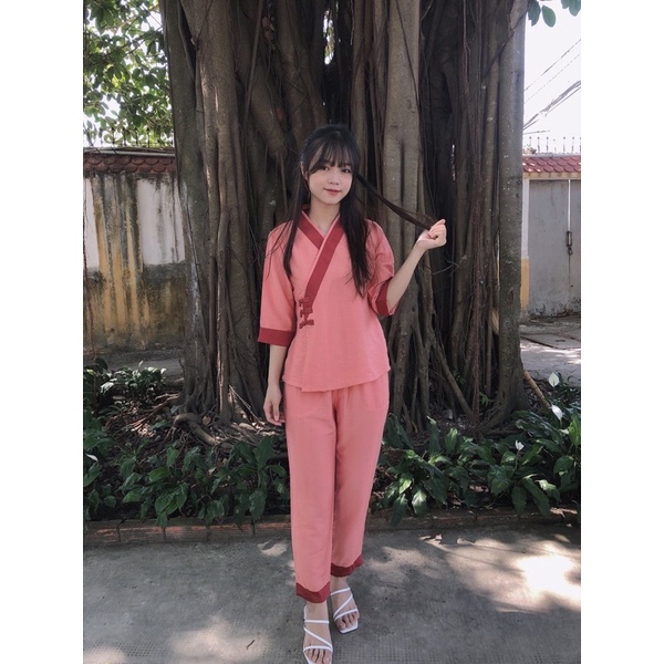 Thời trang nữ, đồ lam cao cấp, đồ đi chùa đơn giản, phối ba nút chất vải tơ