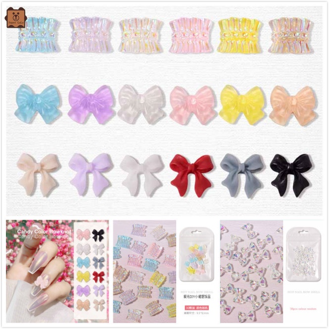 [Hàng mới về] Set 30 phụ kiện trang trí móng tay ba chiều hình nơ và trái tim pha lê thời trang thanh lịch