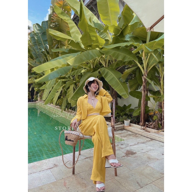 Set 3 Món Đũi Quần Suông Phối Áo 2 Dây Ngắn Kèm Áo Sơ Mi Kiểu Croptop Tay Dài