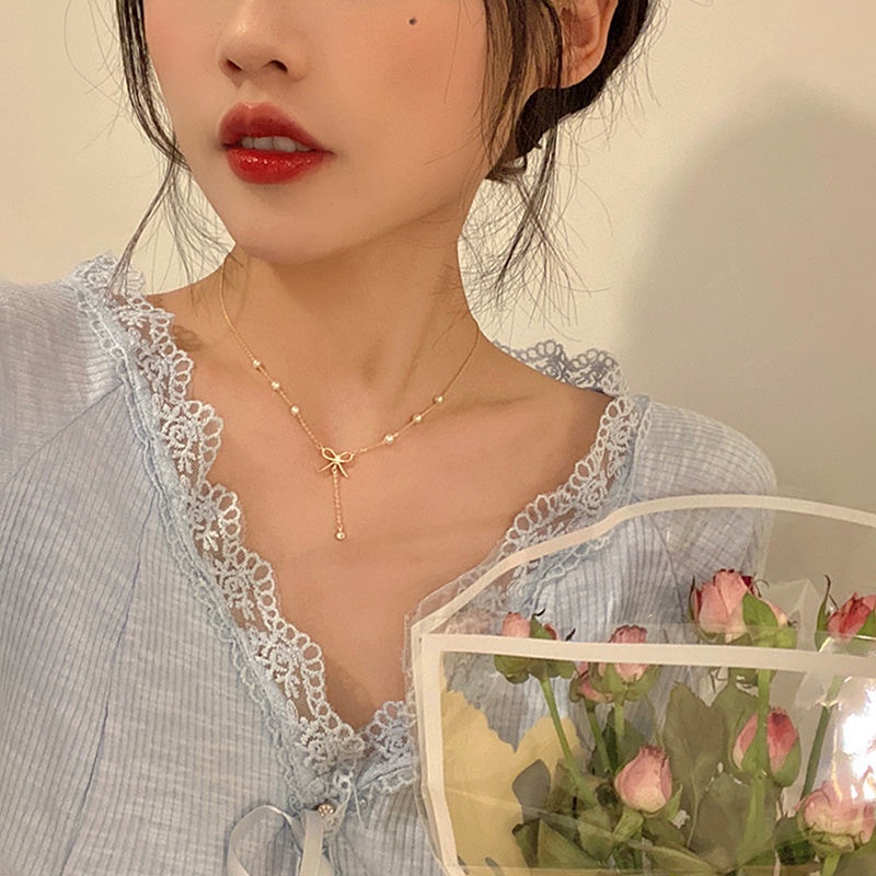 vòng cổ nữ chuỗi ngọc đính nơ cực xinh phong cách Hàn Quốc