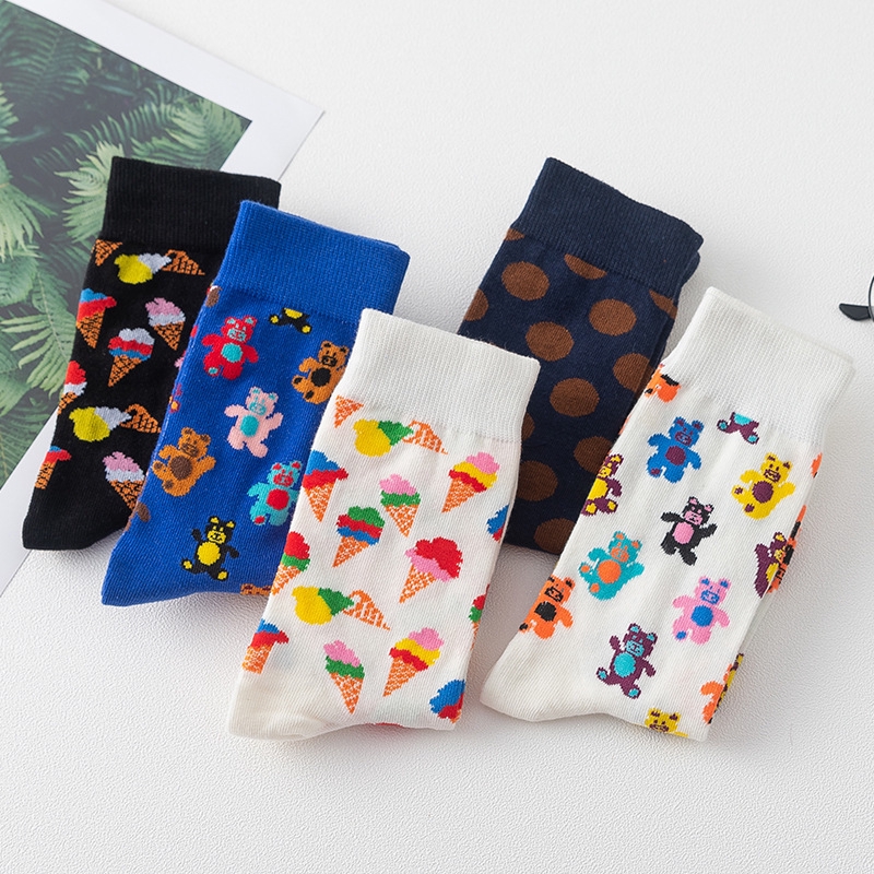 Ins Ice Cream Pattern Couple Socks New Trend Cute Cartoon Bear Print Mid-calf Length Cotton Crew Socks Women Cozy Unisex Socks